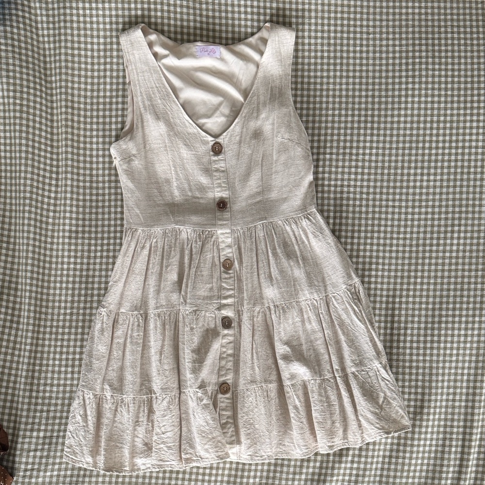 Pink Lily Linen Mix Dress with Wood Buttons